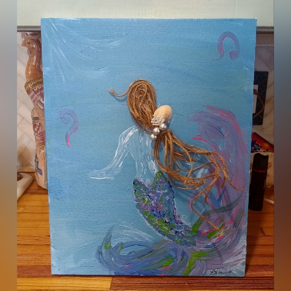 Coastal nautical beach Mermaid canvas wall art original painting 11"×14"